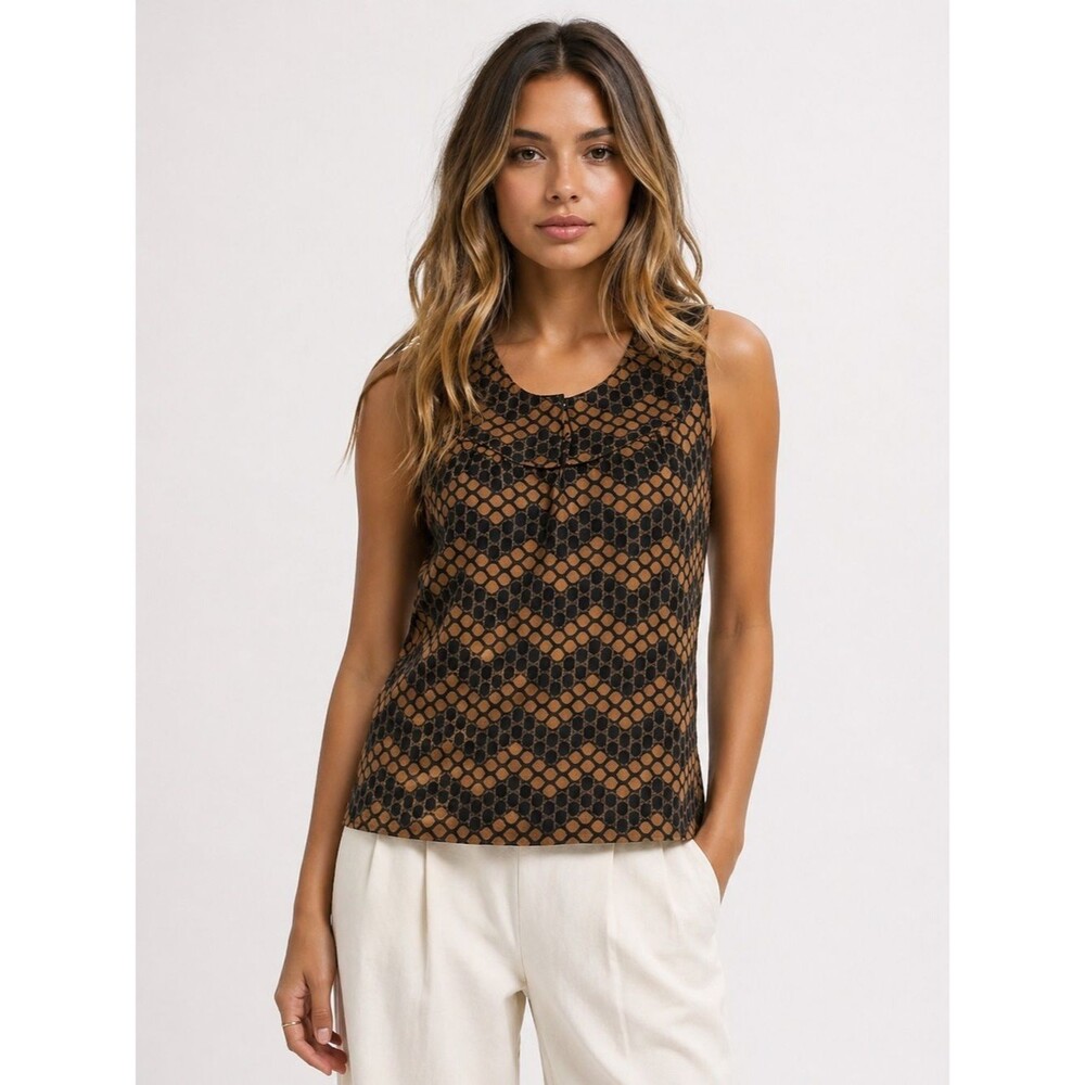 Tory Burch Black and Brown Silk Geometric Top